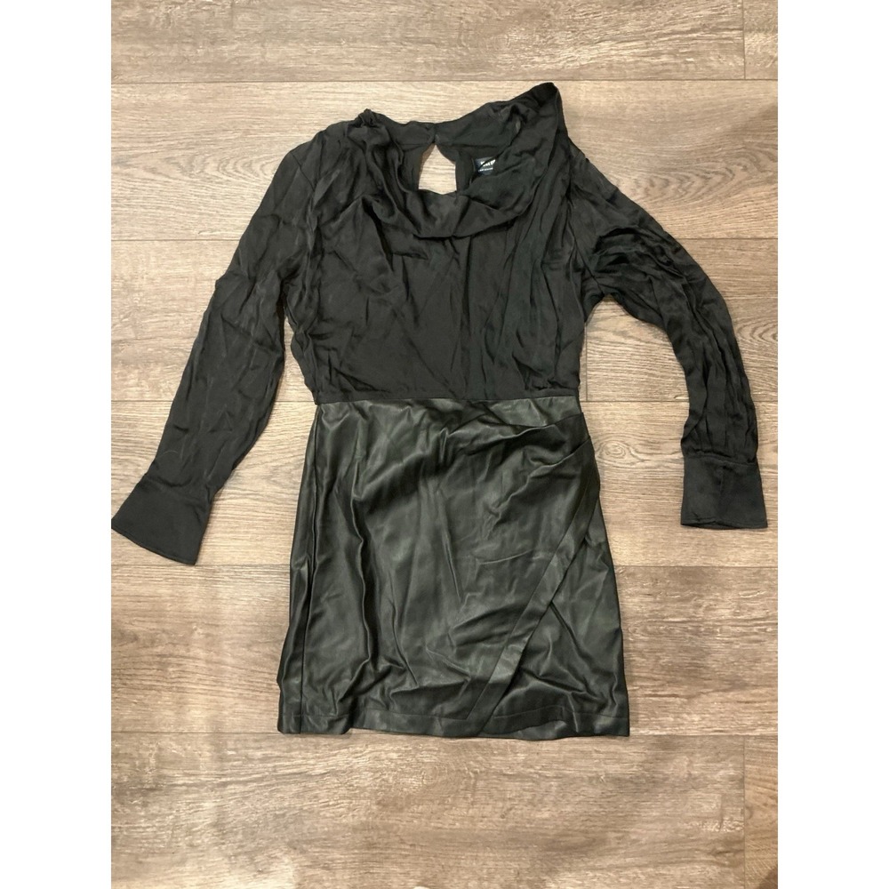 Maeve Plunge Vegan Leather Black Dress Size 8 Anthropologie Cocktail Long Sleeve - Picture 2 of 6